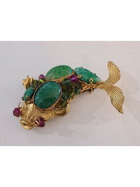 Rare Vintage Hattie Carnegie Koi Fish Brooch Lg Green Stones Purple Rhinestones
